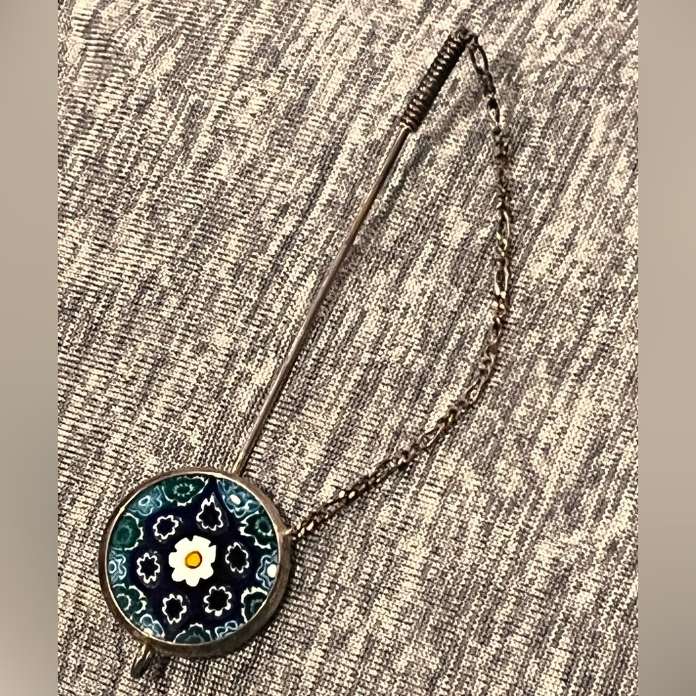 Vintage Millefiori Glass & Metal Hatpin Straight Stick Pin Brooch Pendant Floral